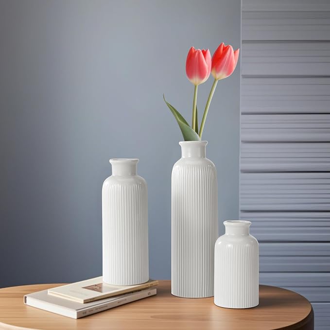 Small White Ceramic Vase Set of 3, Boho Modern White Flower Vase Room Decor - Image 8