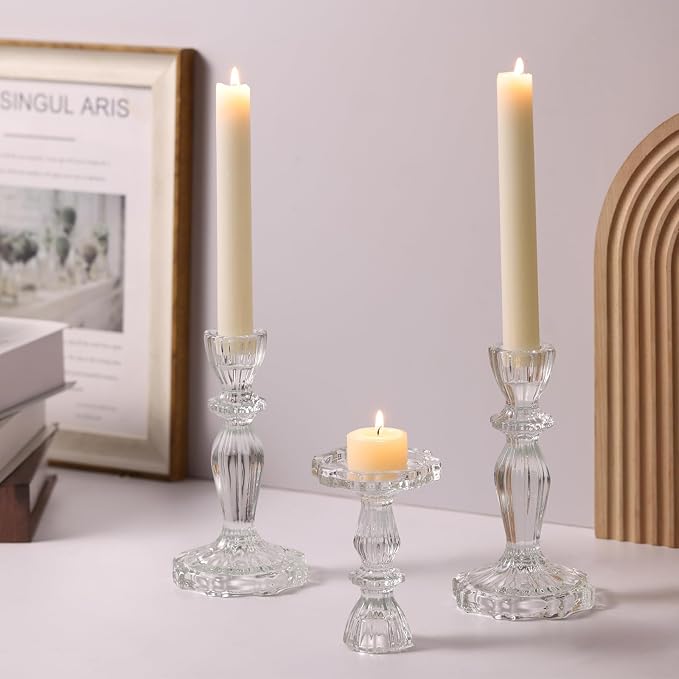 Clear Candlestick Holders Set of 6, Glass Taper Candle Holders | 4.3" H & 6.3" H - Image 4