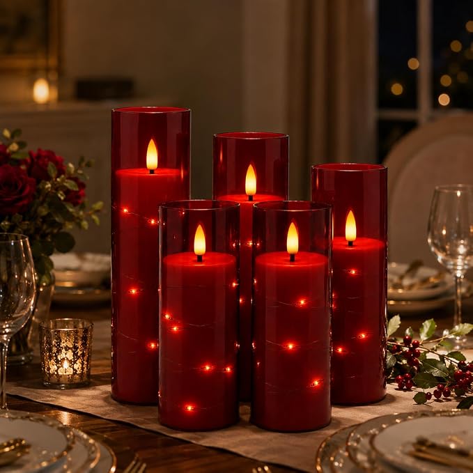 Da by 5 Pack Red Transparent Acrylic Flameless Taper Candles, Flickering Black - Image 2