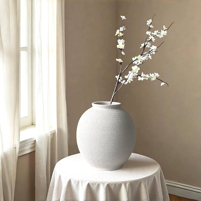 Large White Ceramic Vase, 10.8" Sandstone White | Round Rustic Table Vase - Image 7