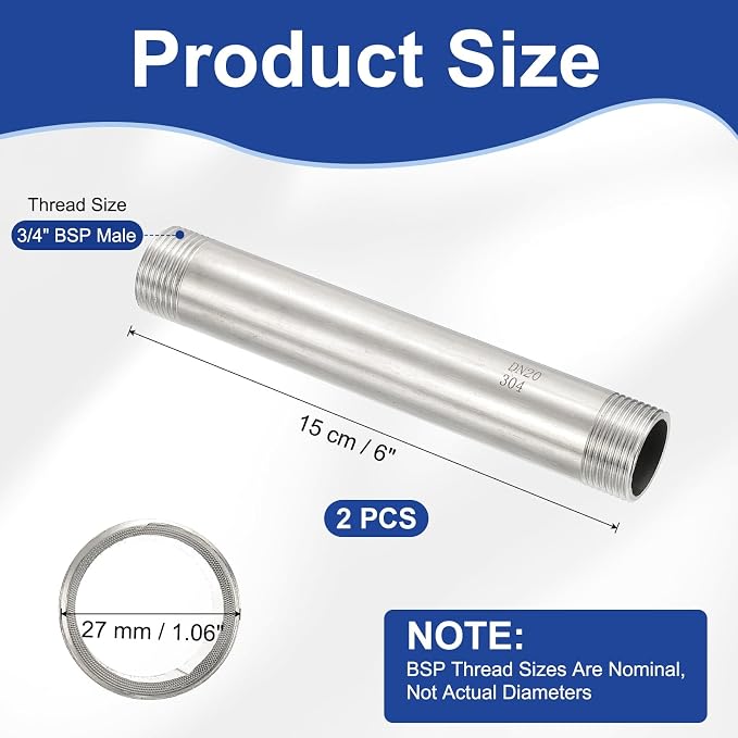 PATIKIL 304 Stainless Steel Pipe Fitting, 2 Pack 3/4" BSP Male x 3/4" BSP Male - Image 2