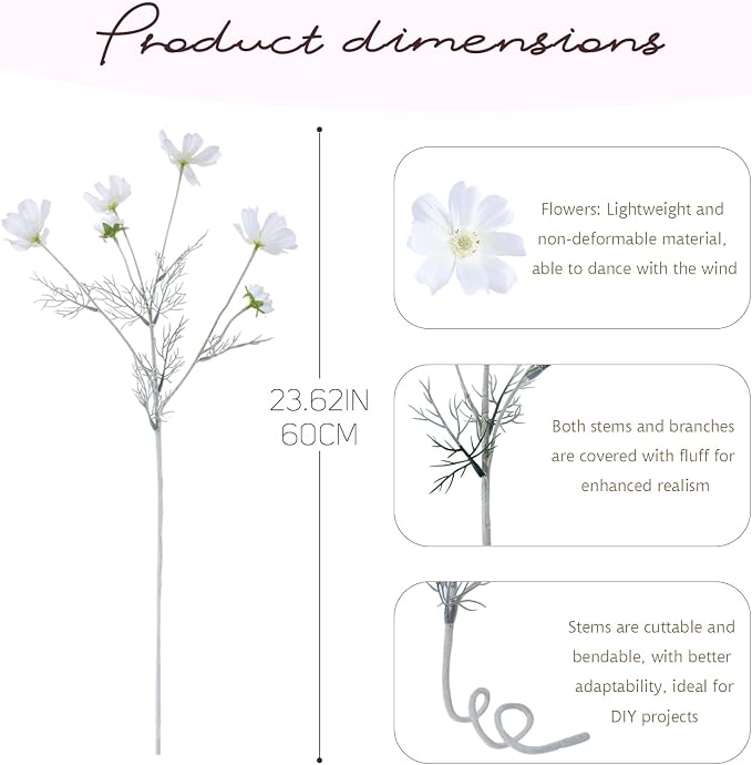 4 Pcs White 24" Tall Artificial Cosmos Flowers - Image 2