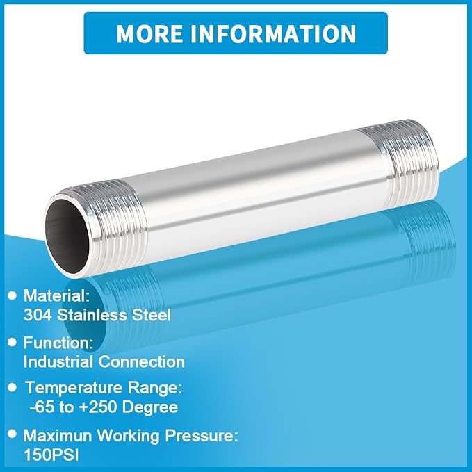 Quickun 304 Stainless Steel Pipe Fitting, 1/2" NPT x 1/2" NPT Male Malleable - Image 3