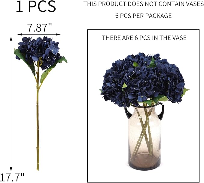 Kimura's Cabin 6pcs Navy Blue Hydrangea Artificial Flowers Silk Hydrangeas | - Image 2