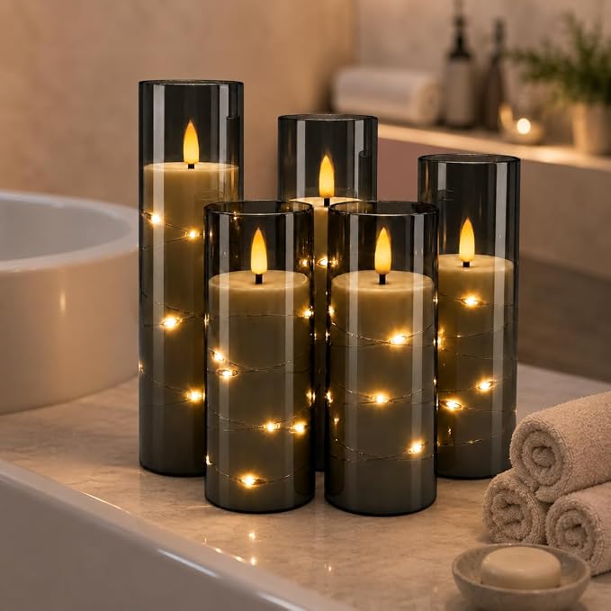 Da by 5 Pack Gray Transparent Acrylic Flameless Taper Candles, Flickering Black - Image 7