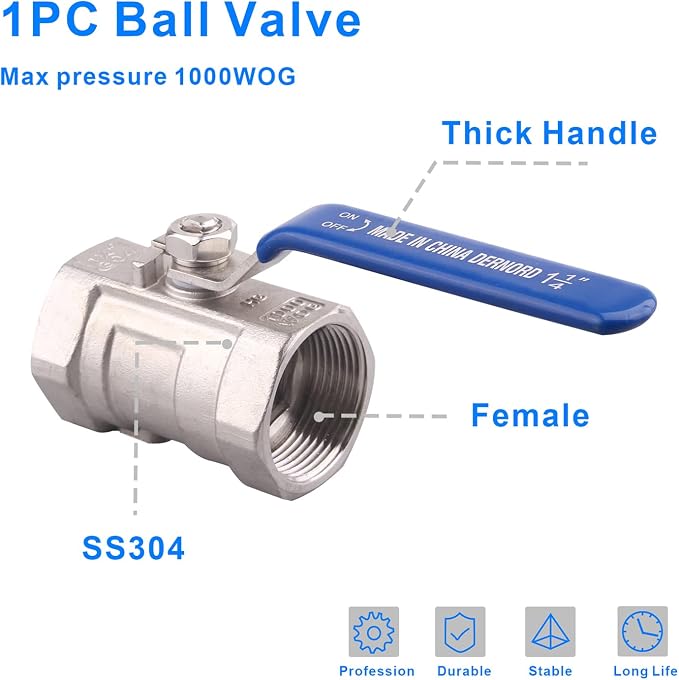 DERNORD Stainless Steel Ball Valve 1PC Type 1.25 Inch NPT Standard Port - Image 2