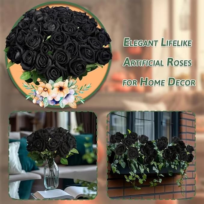 50 PCS Fake Black Roses, Artificial Flowers Bulk, Realistic Silk Faux Roses | - Image 4
