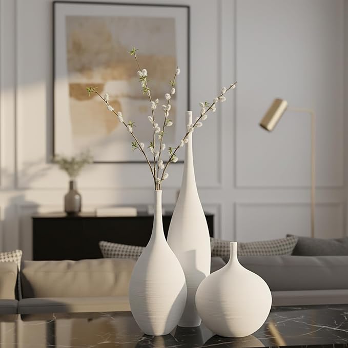 White Ceramic Vase Set of 3, Modern Boho Vases - Image 3