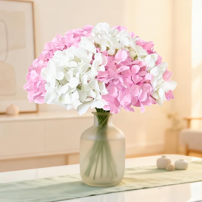 65Pcs Whitepink Hydrangea Artificial Flowers Bulk，Realistic Silk Fake Flowers - Image 7