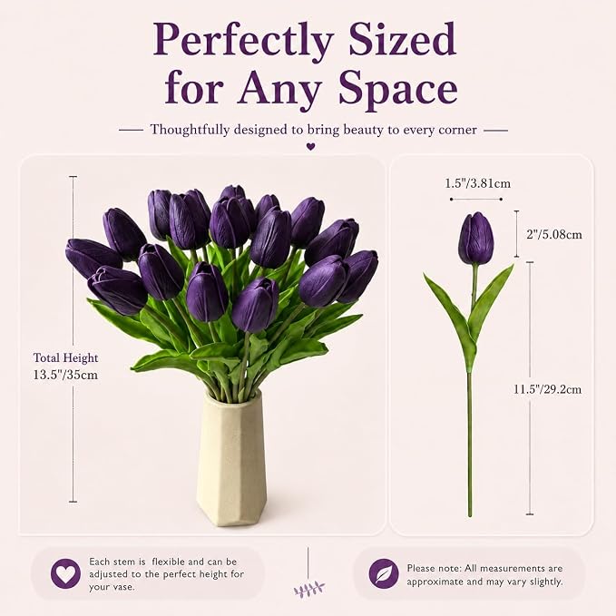 Mandy's 20pcs Artificial Dark Purple Tulips | 13.5 Inch Lifelike PU Tulips Faux - Image 3
