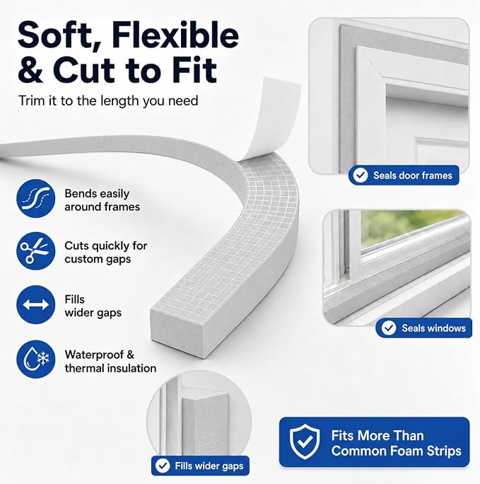1" x 1" EVA Foam Weather Stripping Tape, 13FT Self-Adhesive Foam Seal Strip - Image 3