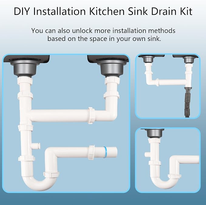 Universal 1-1/2" Kitchen Sink Drain Kit, Space-Saving kitchen drain P-trap - Image 5