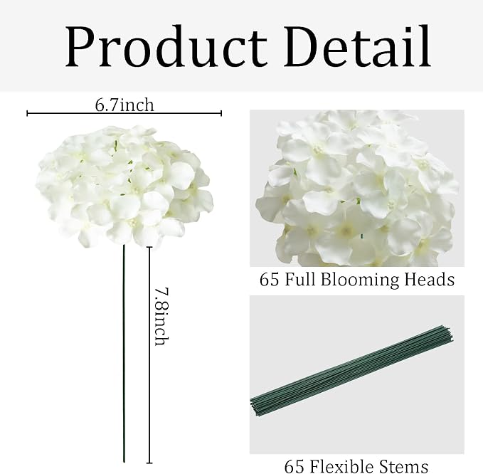 65Pcs White Hydrangea Artificial Flowers Bulk，Realistic Silk Fake Flowers - Image 3