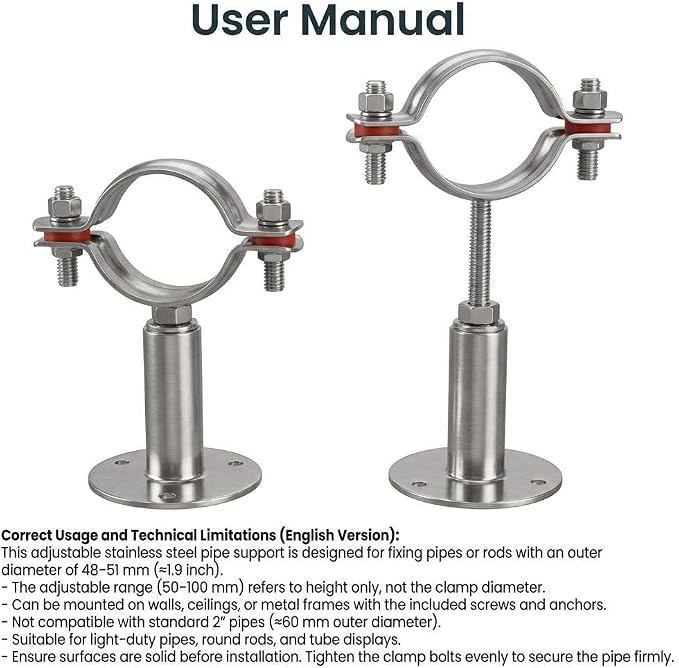 QWORK Adjustable 2" OD Pipe Wall & Ceiling Mount Support – Stainless Bracket - Image 2