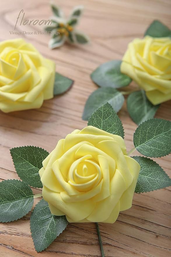 Artificial Flowers 25pcs Real Looking Canary Yellow Foam Fake Roses - Image 5