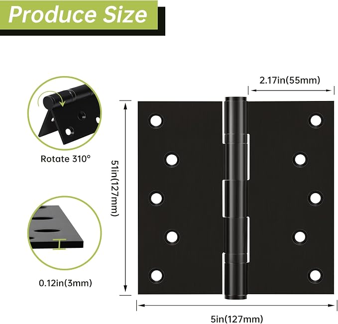 Black Stainless Steel Door Hinges 5x5 Inches, Heavy Duty Ball Bearing Hinges - Image 2