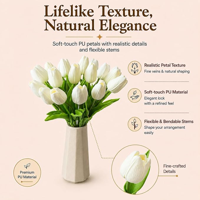 Mandy's 20pcs Artificial Pure White Tulips | 13.5 Inch Lifelike PU Tulips Faux - Image 2