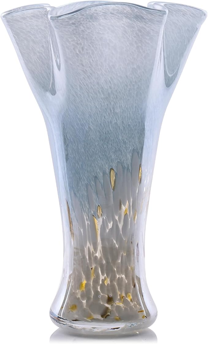 9.0" H Blue White Glass Vases for Flower, Unique Hand Blown Glass Vase | Wide by LCCCK