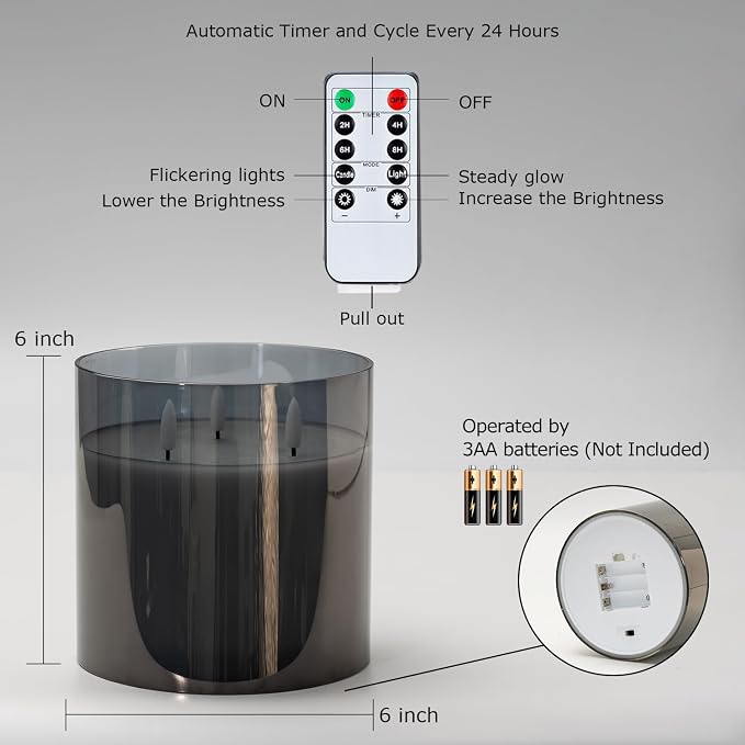 Homemory Grey Large Glass Flameless LED Candle, 3 Wicks, Remote Timer | 6"x6" - Image 8