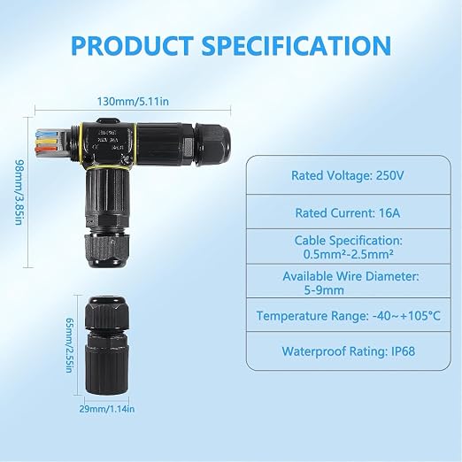 3PCS IP68 Waterproof Electrical Cable Connector, Outdoor 2 Pin T Shape Junction - Image 4