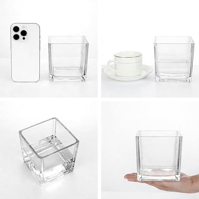 6 Pack Square Glass Vases 4" x 4" x 4", Wedding Party Home Decor - Image 3