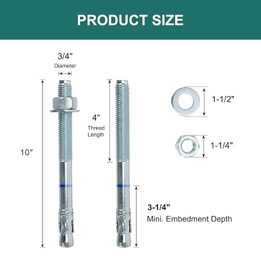 3/4" x 10" Concrete Anchors 3/4 inch Wedge Anchors Bolts Zinc Plated - Image 2