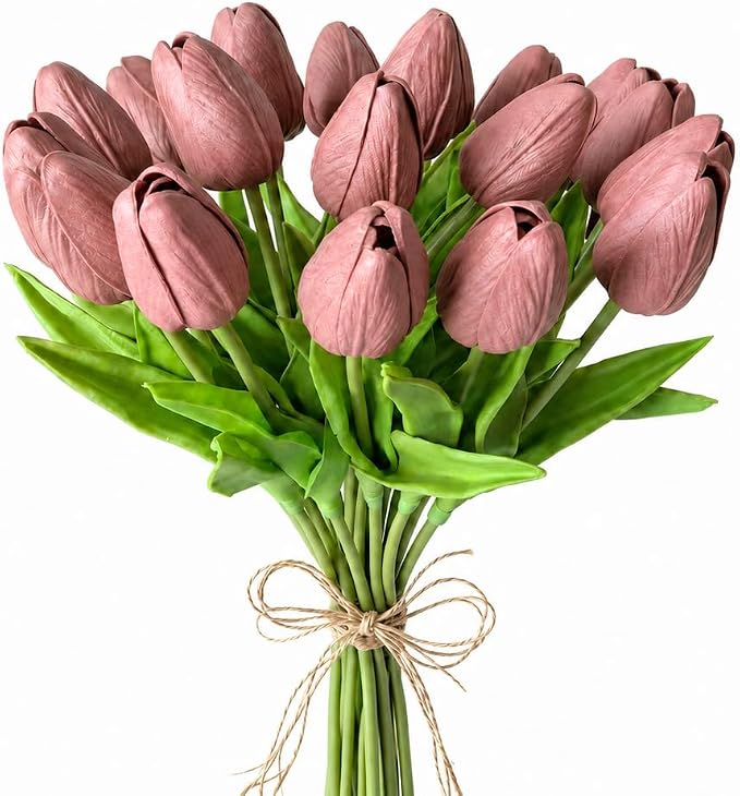 Mandy's 20pcs Artificial Mauve Tulips | 13.5 Inch Lifelike PU Tulips Faux by Mandys