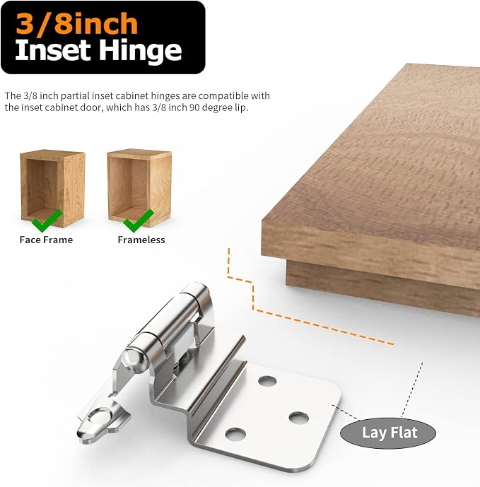 3/8 Inch Inset Cabinet Hinges, 6 Pack Self Closing Flush Face Mount Hinges - Image 3