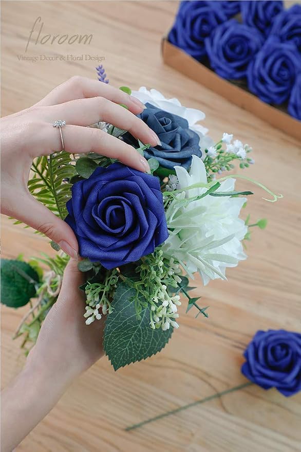 Artificial Flowers 50pcs Real Looking Royal Blue Foam Fake Roses - Image 2