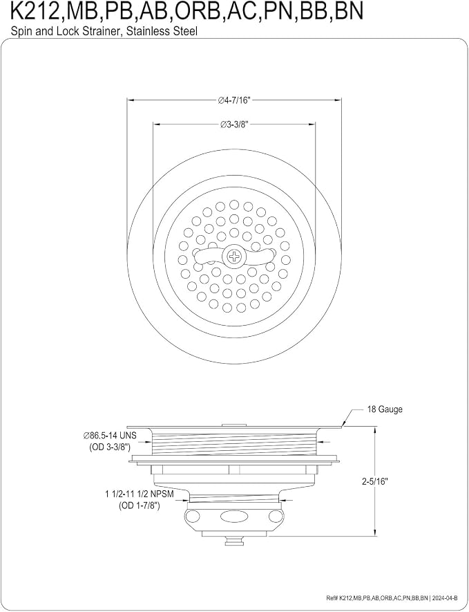 Kingston K212BB Spin andSeal Sink Basket Strainer, Brushed Brass - Image 2