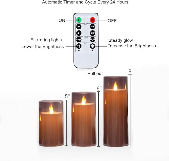 Homemory Gray Flickering Flameless Candles, Battery Operated Acrylic LED Pillar - Image 8