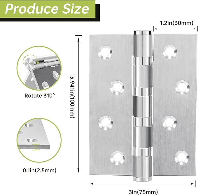 6 Pack 4 Inch Door Hinges Heavy Duty, Stainless Steel Ball Bearing Hinges - Image 2