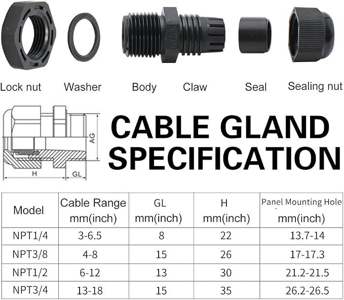 MAKERELE 38pcs NPT Cable Glands Kit Waterproof Strain Relief Connector | Black - Image 3