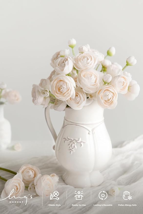 Ling's moment Fake Flowers Artificial Flower Faux Silk Ranunculus Cream | Silk - Image 4