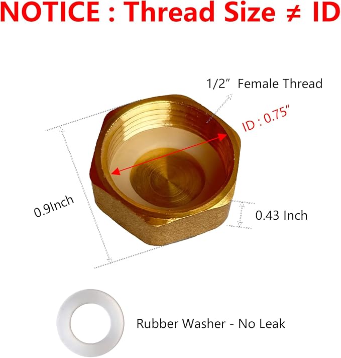Brass Pipe End Caps, 1/2" NPT Hex Compression Cap Female Pipe Fitting Plumbing - Image 3