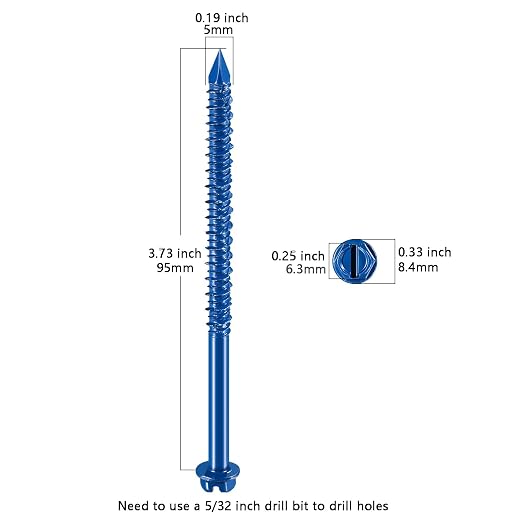 Wensilon 3/16" * 3-3/4" Slotted Hex Concrete Screws Anchor Blue Hexagon Head - Image 2