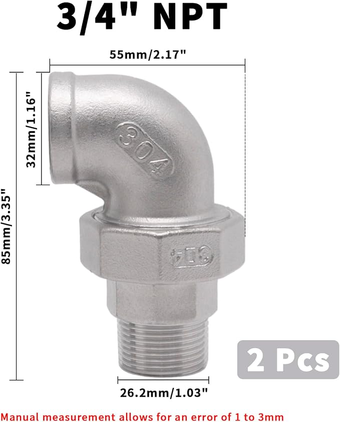 2 Pcs 304 Stainless Steel 90 Degree Elbow Union, 3/4" NPT Threaded Female x - Image 2
