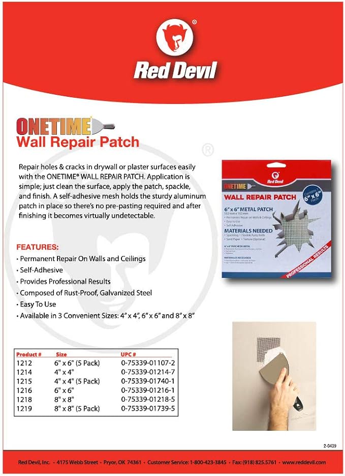 Red Devil 1219 8" x 8" ONETIME Wall Repair Patch, 5 Pack - Image 2