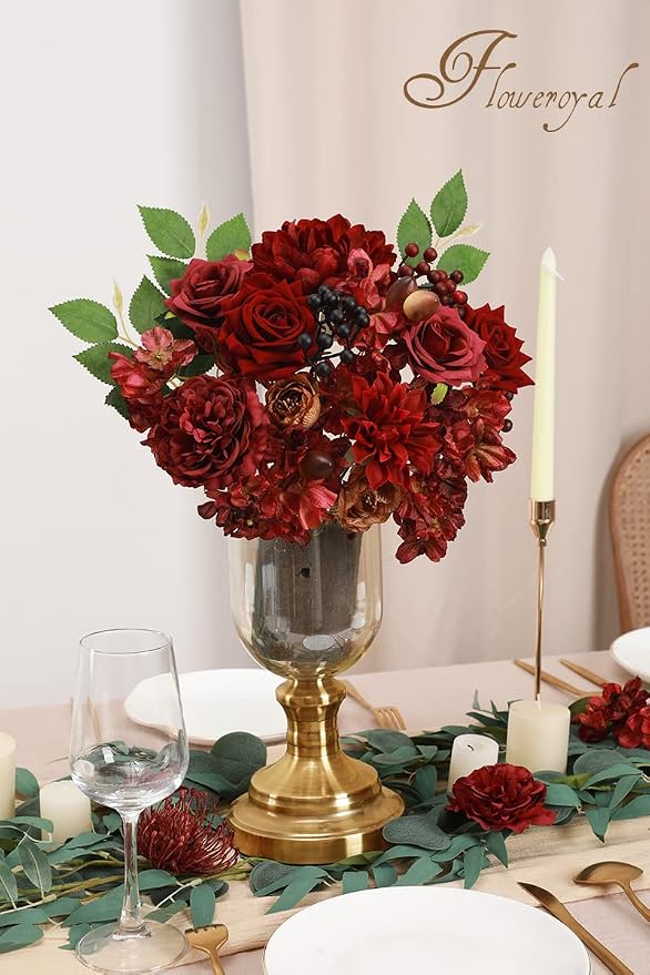 Artificial Flowers Combo Burgundy Flowers Mix Silk Flowers Dahlia Roses - Image 6