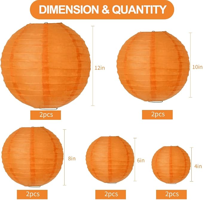 BEISHIDA Orange Paper Lanterns 10Pcs 4/6/8/10/12 Inch Round Chinese Lamp | - Image 2