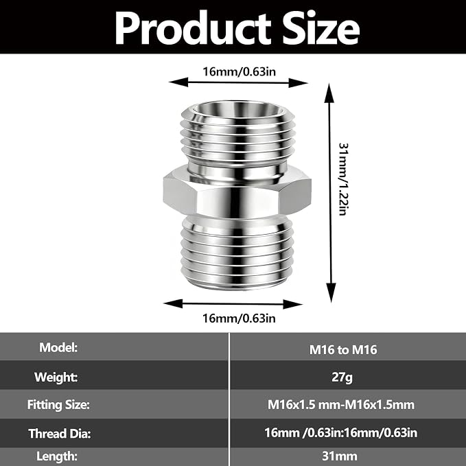 2 Pcs M16 to M16 stainless steel adapter fittings, suitable - Image 2