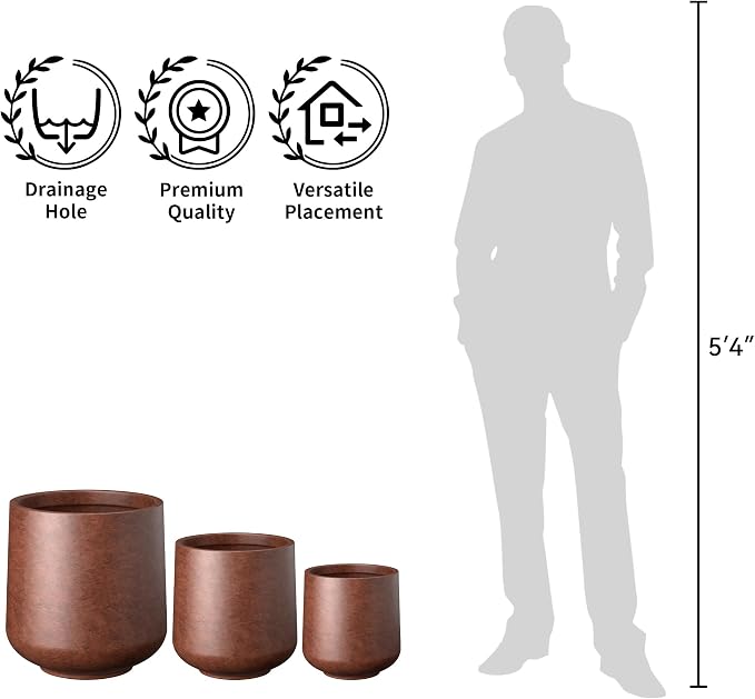 Kante Set of 3 Rusty Concrete Curved Planters 16.5" 13" 9.4" Dia | Drainage - Image 7