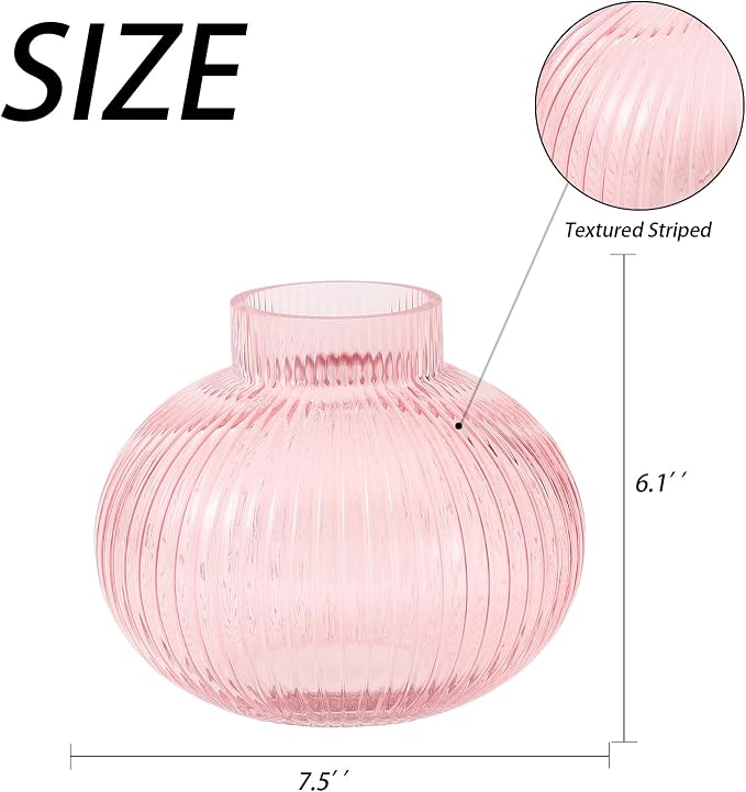 Pink Glass Vase for Tulips, Ribbed Glass Vase for Flowers, Round Flower Vases - Image 7