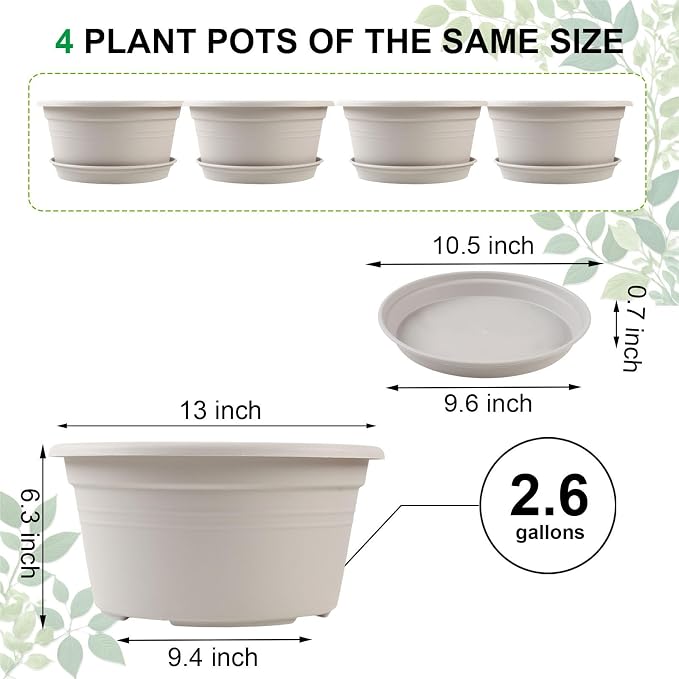 Large 4 Pack 13 inch Plant Pots, Round Plastic Pots - Image 2