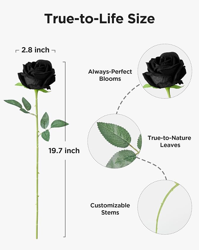 InnoGear Black Roses Artificial Flowers 50 Pcs Fake Velvet Silk Rose Floral | - Image 2