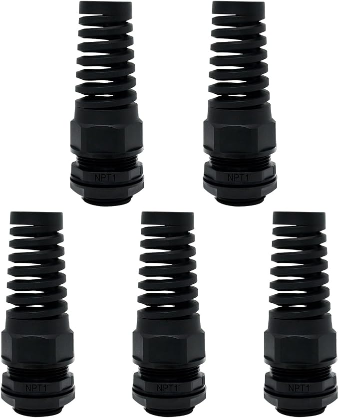 5Pcs NPT 1" IP68 Waterproof Cable Gland Flex Spiral Strain Relief Black Nylon by LeMotech