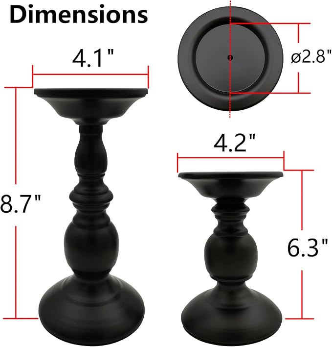 Pillar Candle Holders Stands Set of 2, Matte Black, 6.2" & 8.7" | Candle Holders - Image 3