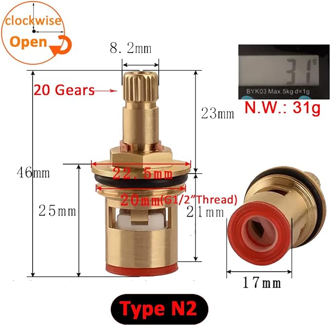 Brass Ceramic Cartridge, G1/2" Tap Ceramic Stem Cartridges Replacement - Image 2