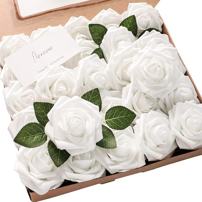 Artificial Flowers 50pcs Realistic White Foam Fake Roses by Floroom