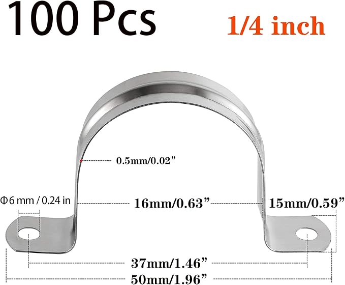 100 Pcs 1/4inch Rigid Pipe Strap, Two Hole Stainless Steel Strap U Bracket - Image 2